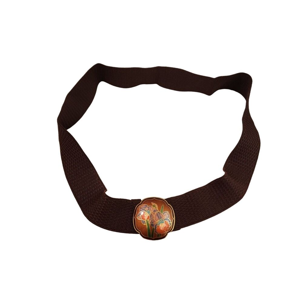 #7658 Cloisonne Belt Buckle with Brown Stretch belt 34inch long by 1.5 wide